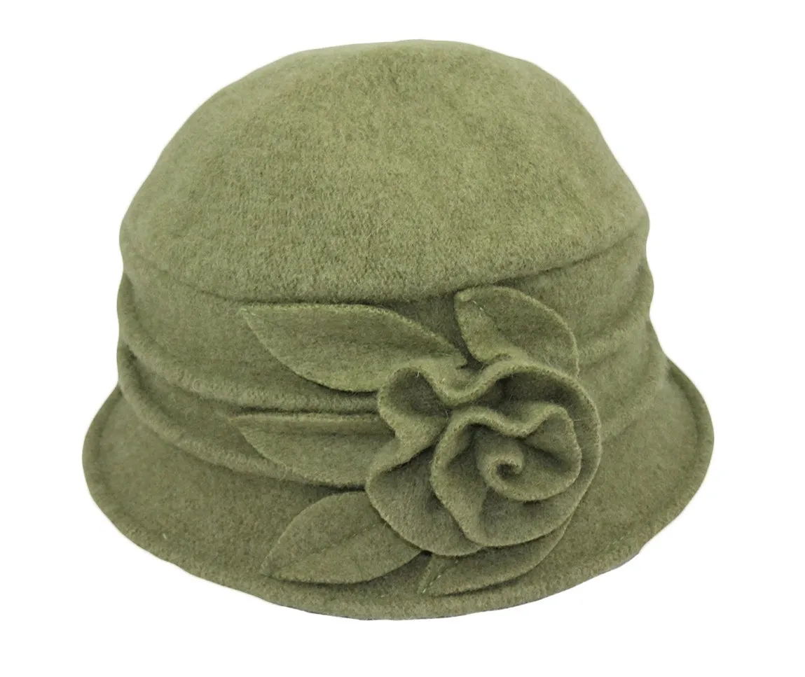 Wool Cloche Hat with Leaves & Flower ~ Olive Green